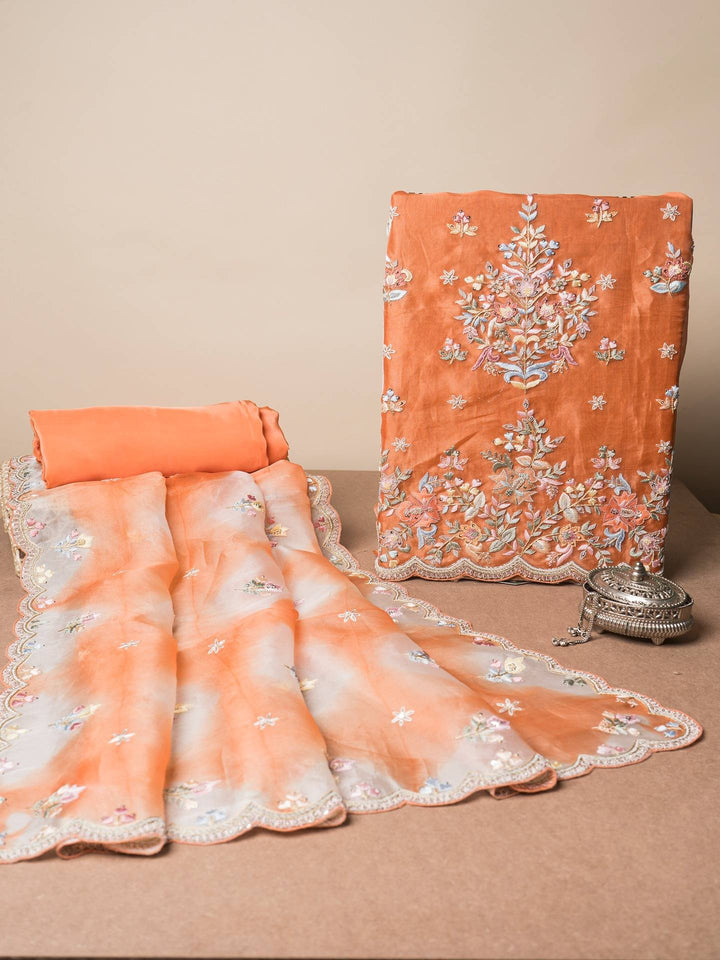 Organza Suit Piece With Zardosi Work in Orange