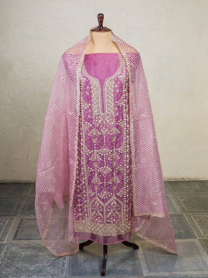 Printed Organza Suit Piece With Zardosi Handwork in Lilac