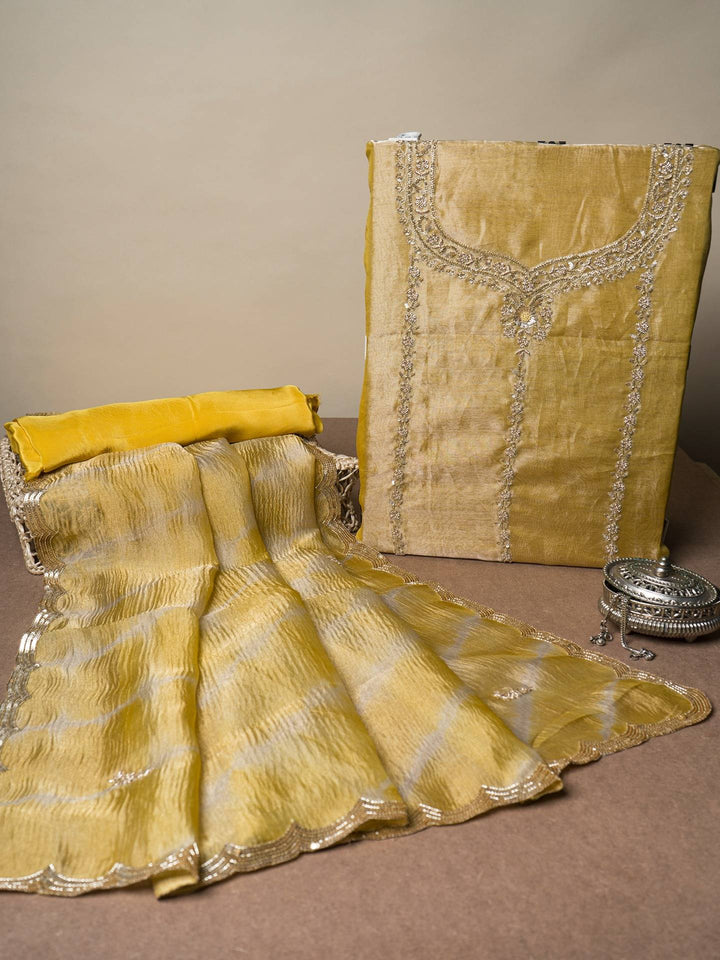 Tissue Suit Piece with Zardozi work in Bright Yellow