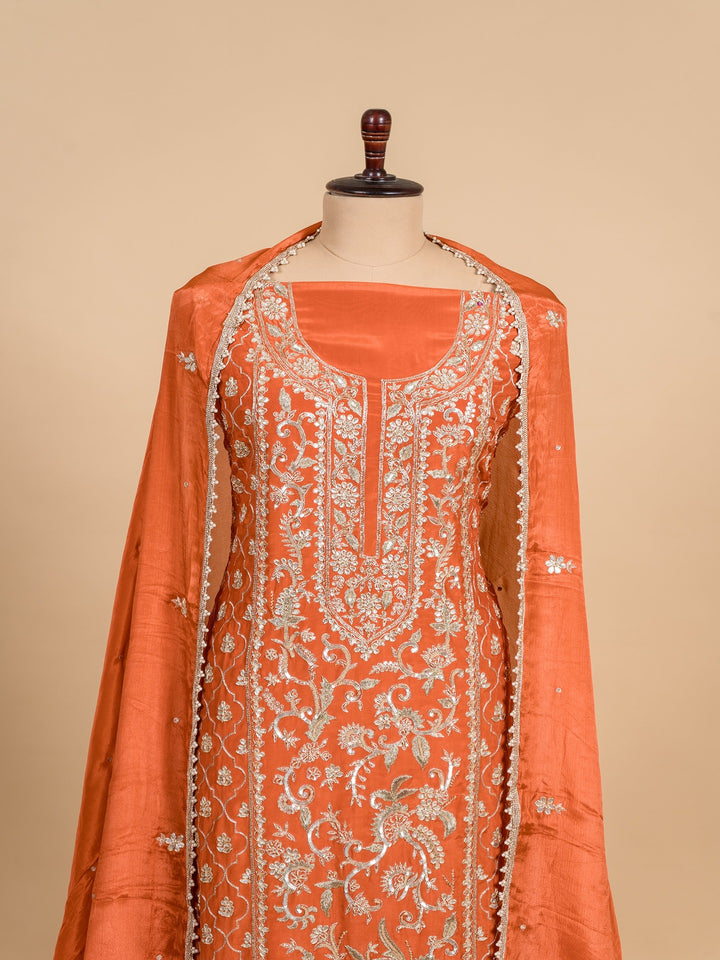 Crepe Suit Piece With Zardosi Work in Dark Orange