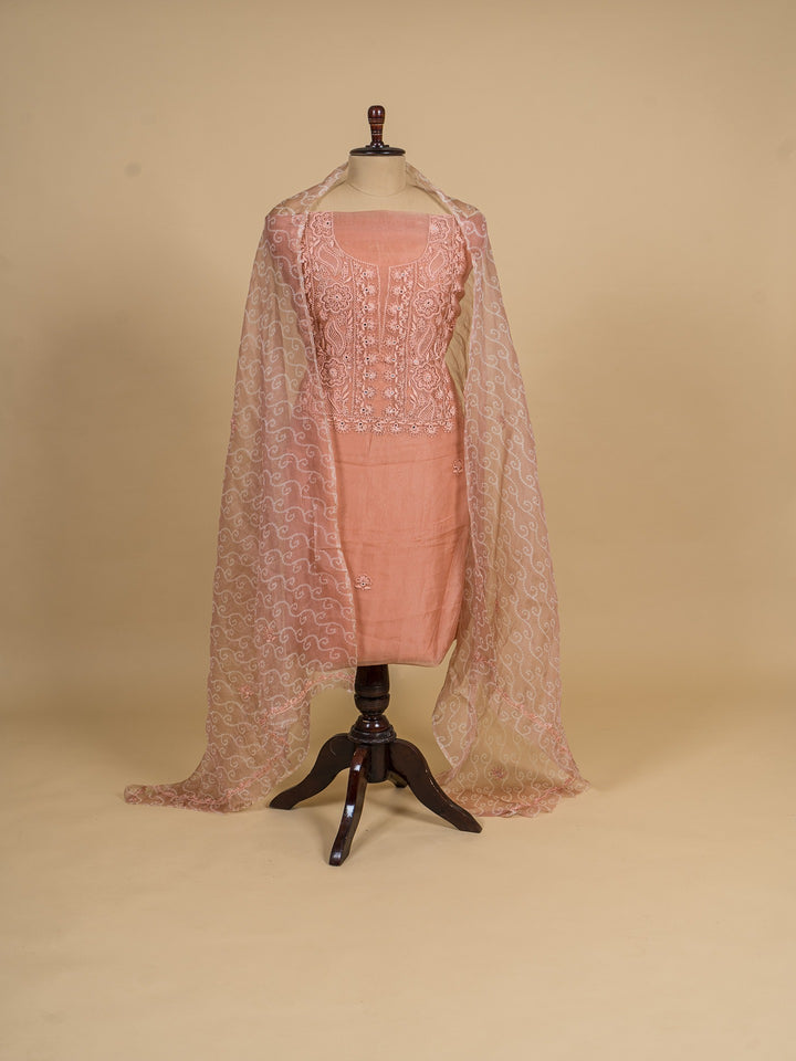 Organza Suit Piece With  Karachi embroidery in Peach