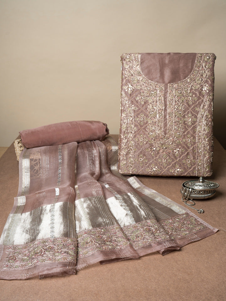 Organza Suit Piece With Zardosi Work in Dusty Brown