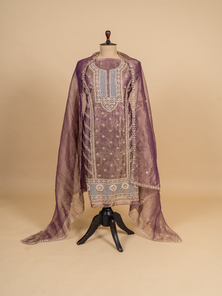 Fancy Tissue Suit Piece With Zardosi Work in Shaded Purple