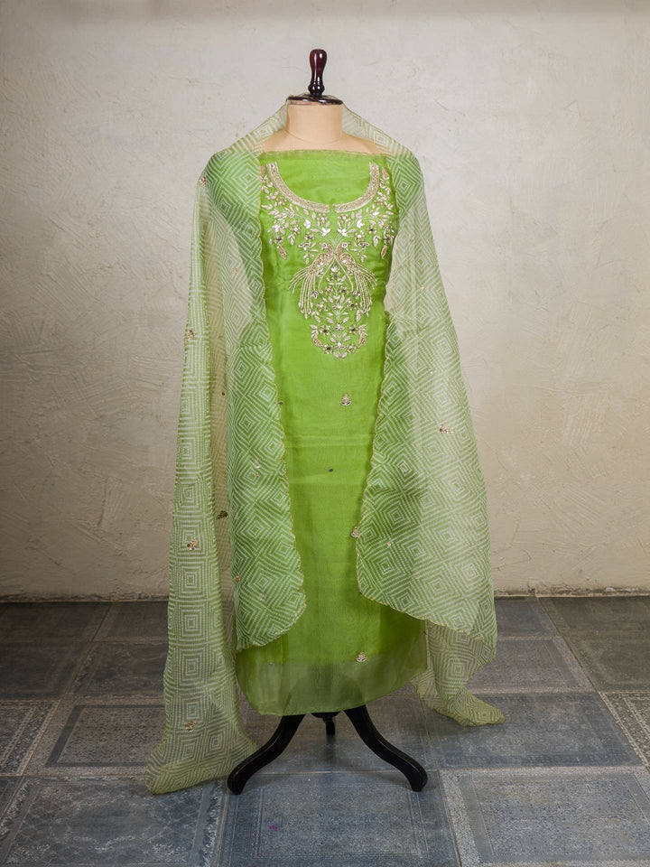 Printed Organza Suit Piece With Zardosi Handwork in Green