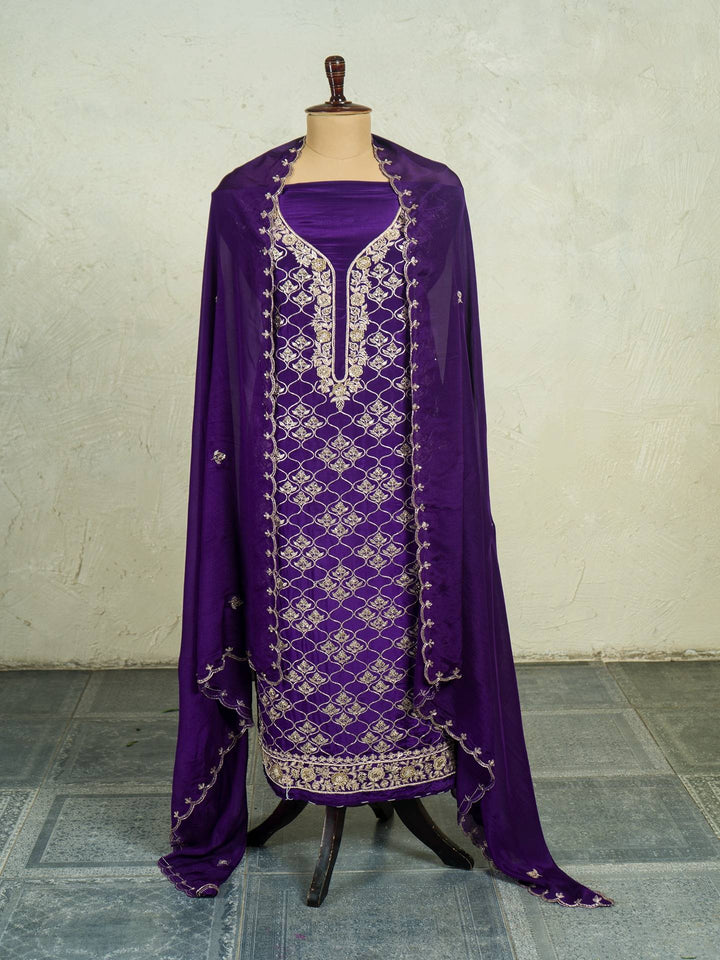 Crepe Suit Piece With Zardosi Work in Deep Purple