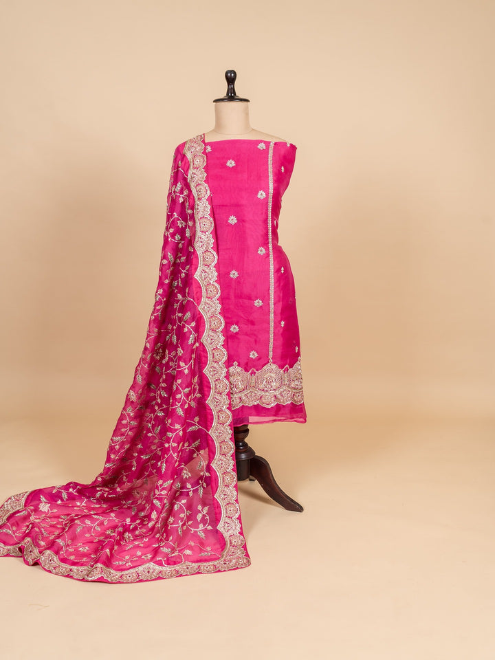 Organza Suit Piece With Zardosi in Rani