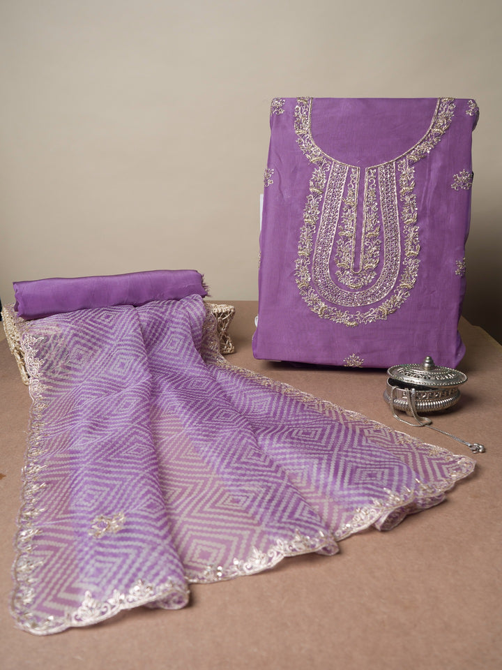 Printed Organza Suit Piece With Zardosi Handwork in Lavender