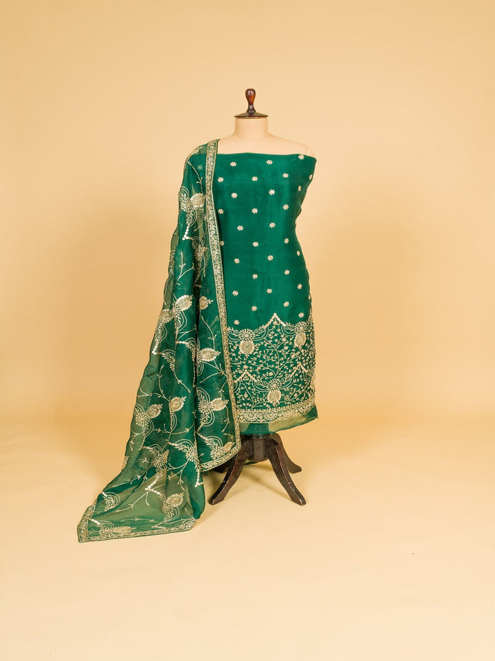 Organza Suit Piece With Zardosi Work in Bottle Green