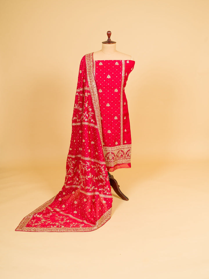 Organza Suit Piece With Zardosi Work in Red