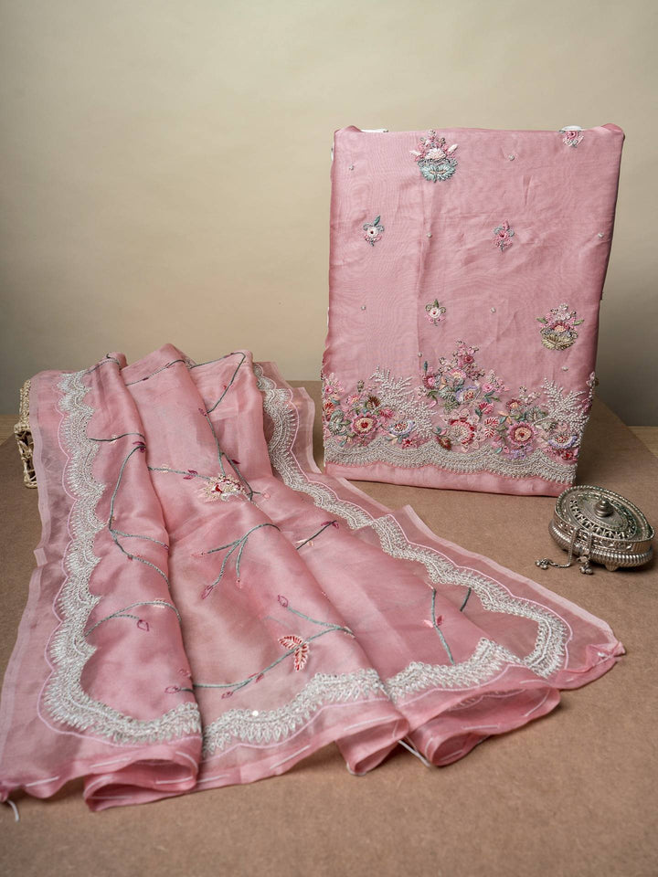 Organza Suit Piece With Zardosi Work in Baby Pink