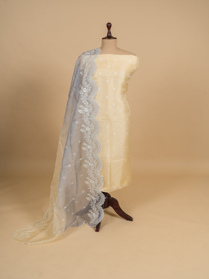 Organza Suit Piece with machine emberiory in Off-White with Shaded Dupatta