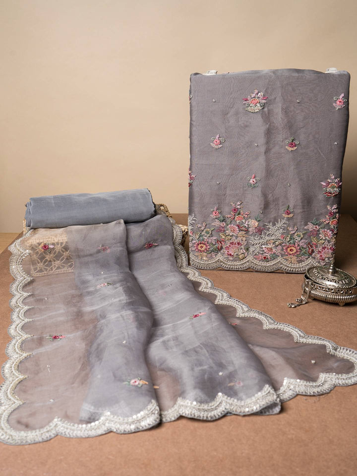 Organza Suit Piece With Zardosi Work in Grey