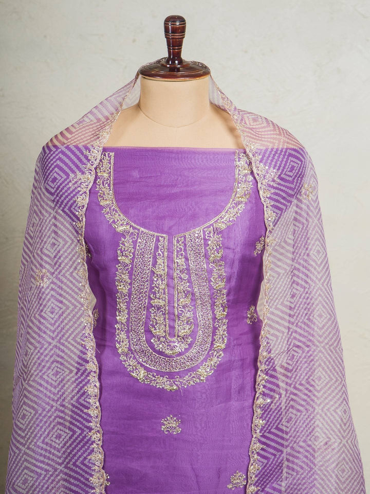 Pure Printed Organza with a Leheriya Dupatta in Deep Lavender Color