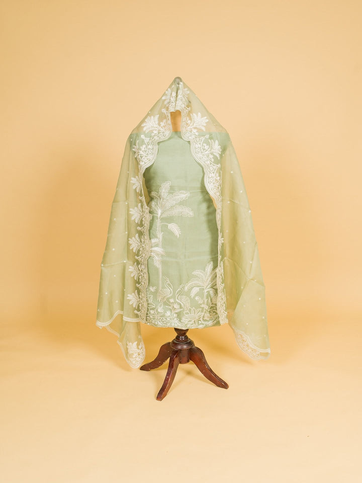 Organza Suit Piece with machine emberiory in Pastel Green