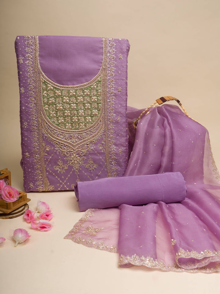 Organza Suit Piece With Zardosi Work in Lavender