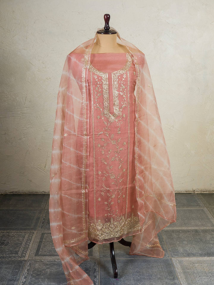 Printed Organza Suit Piece With Zardosi Handwork in Light Brown