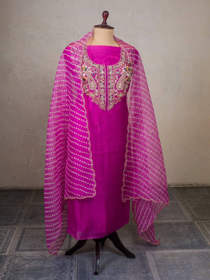 Printed Organza Suit Piece With Zardosi Handwork in Deep Pink