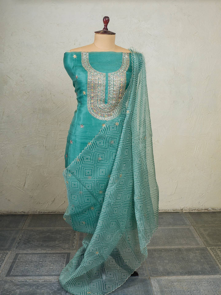 Printed Organza Suit Piece With Zardosi Handwork in Aqua Green