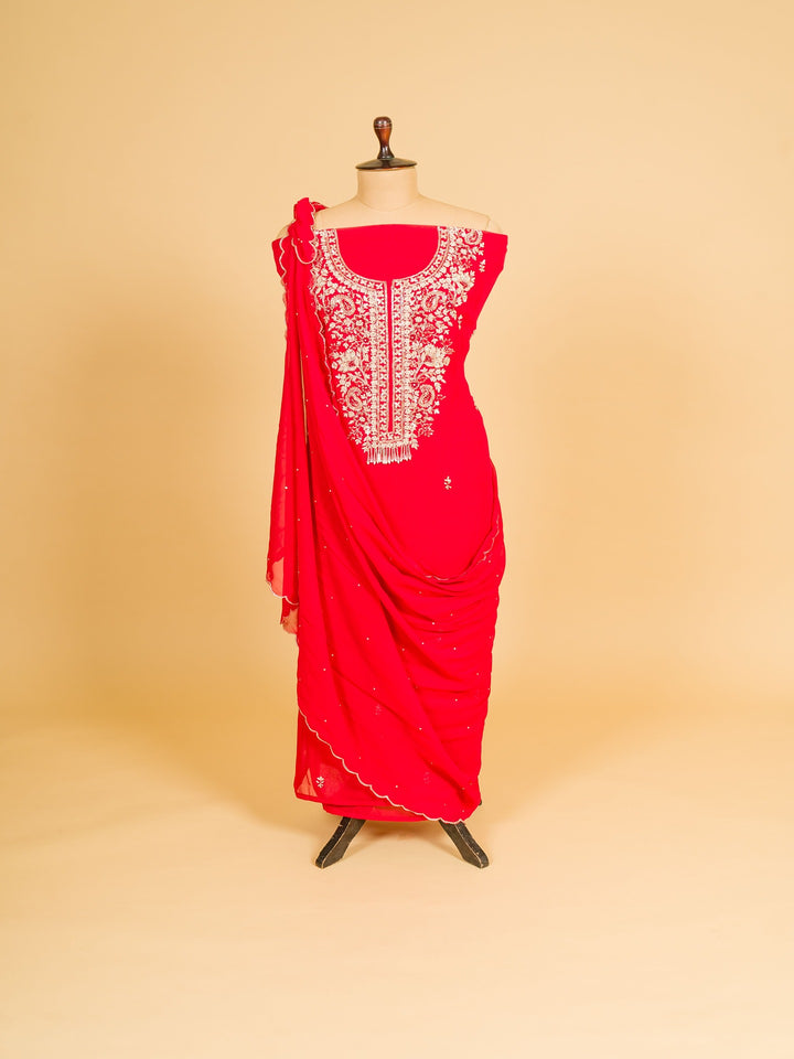 Viscose Organza Suit Piece with Zardosi work in Tomato Red