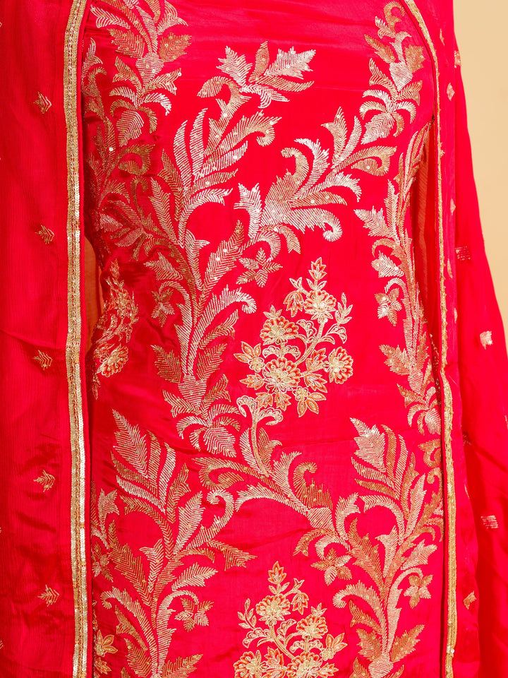 Crepe Suit Piece With Zardosi Work in Cherry Red