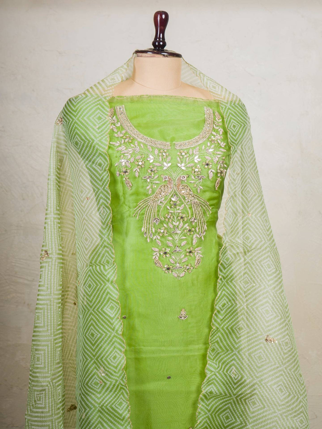 Printed Organza Suit Piece With Zardosi Handwork in Green