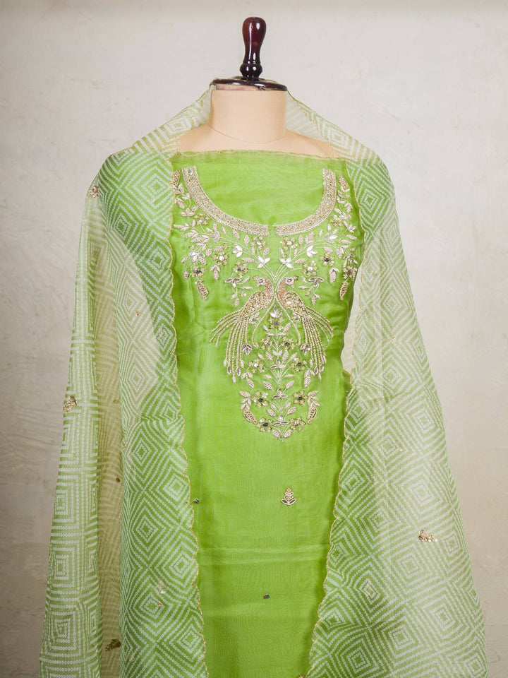 Printed Organza Suit Piece With Zardosi Handwork in Green