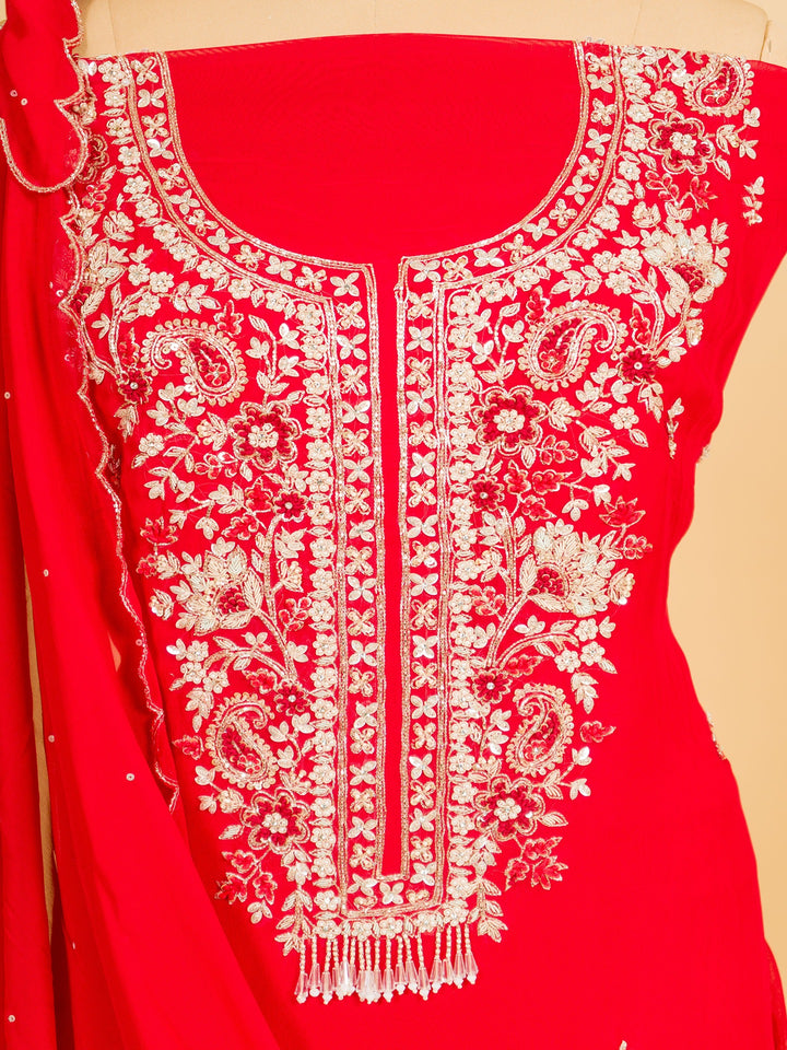 Viscose Organza Suit Piece with Zardosi work in Tomato Red