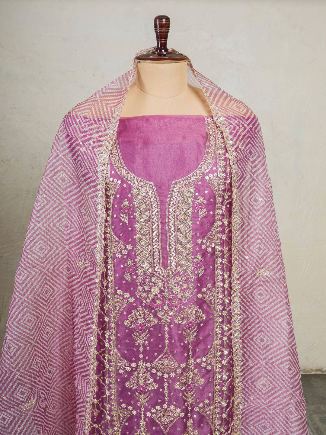 Printed Organza Suit Piece With Zardosi Handwork in Lilac