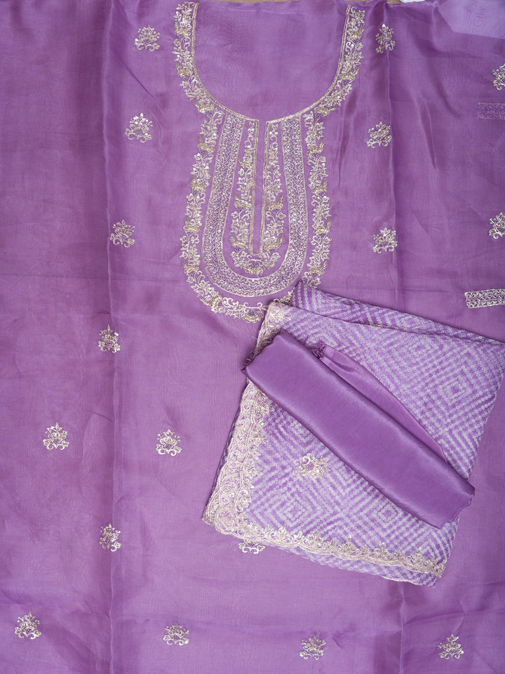 Printed Organza Suit Piece With Zardosi Handwork in Lavender