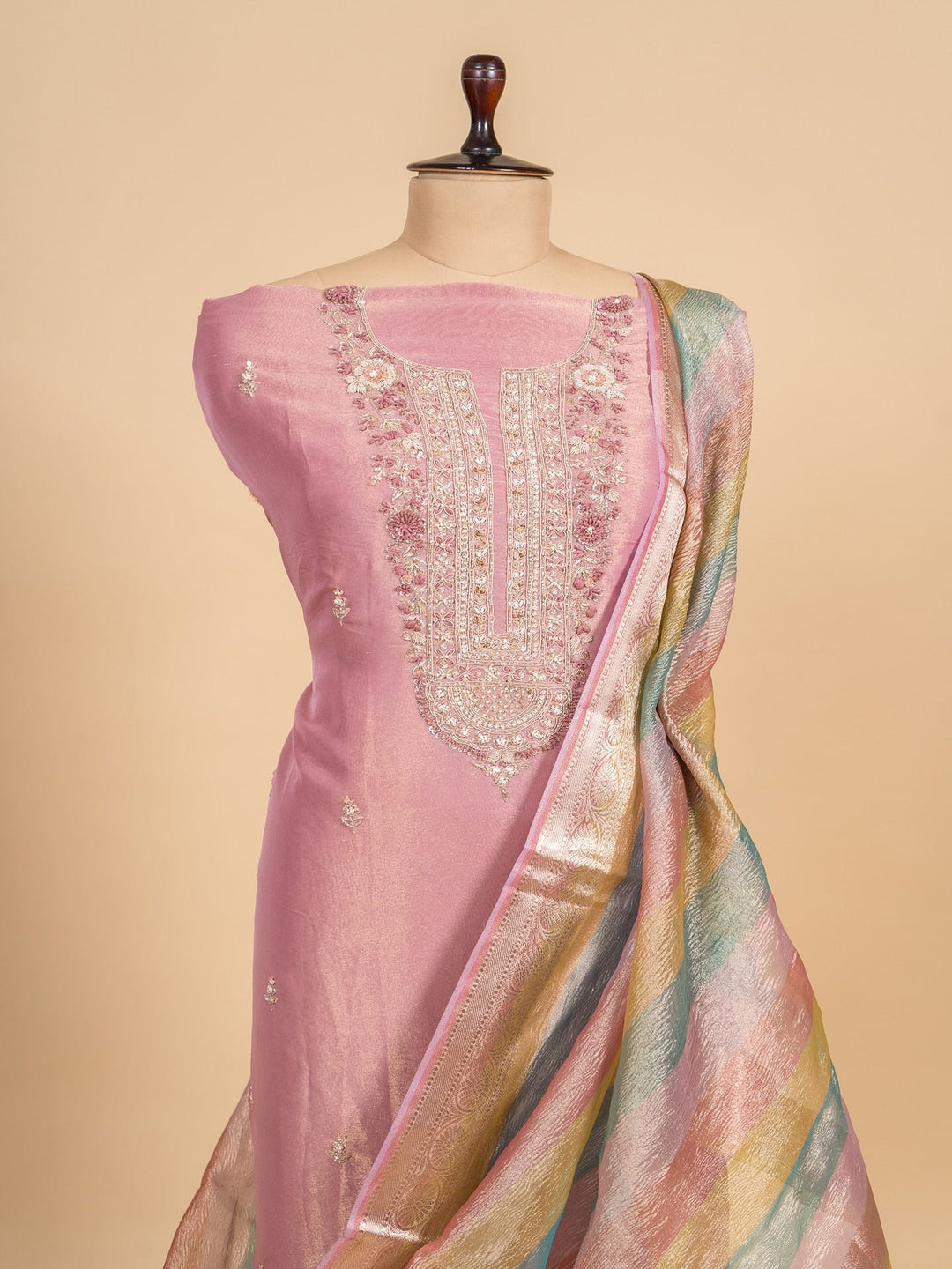 Tissue Suit Piece with Zardozi work in Pink