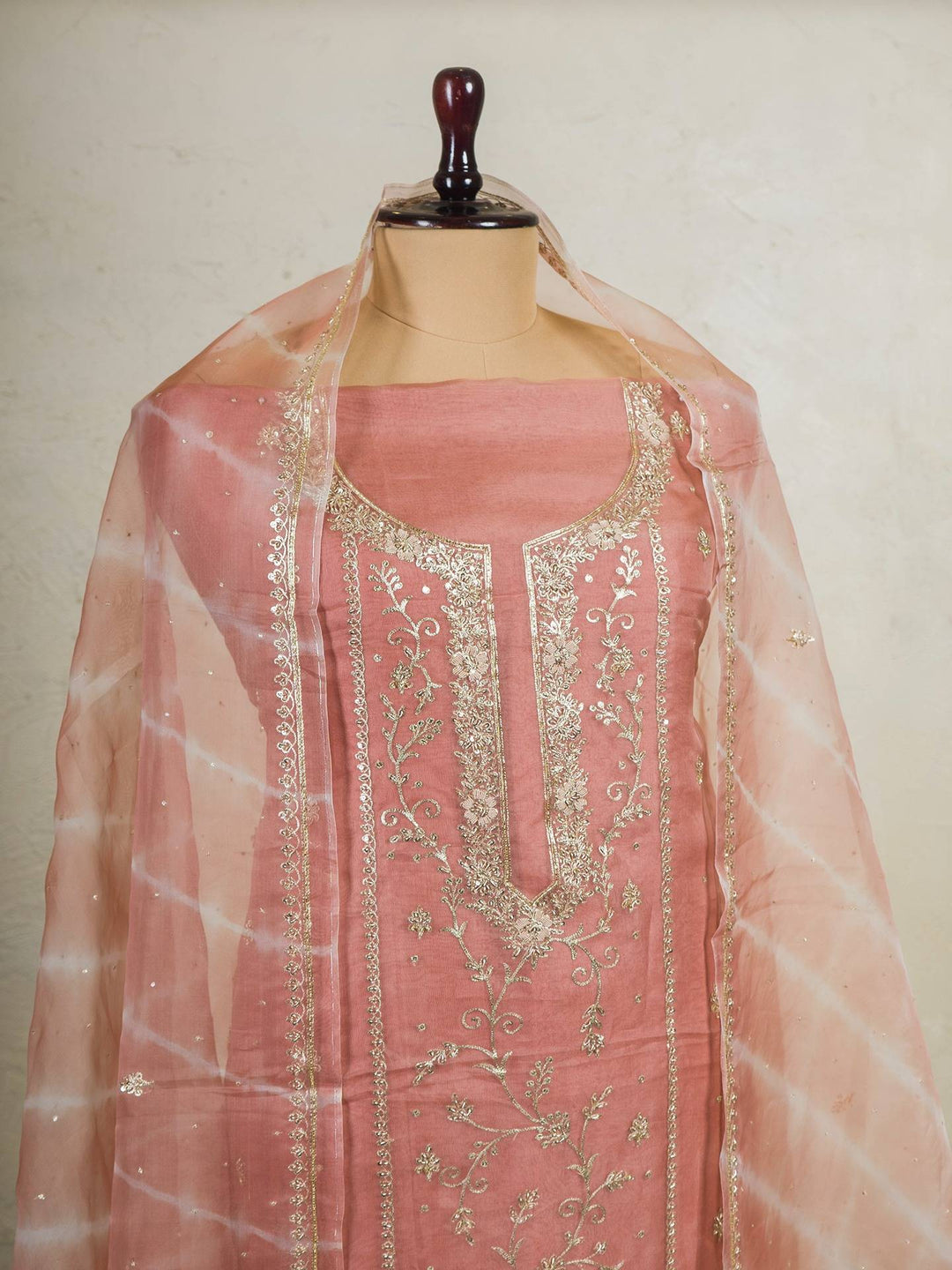 Printed Organza Suit Piece With Zardosi Handwork in Light Brown