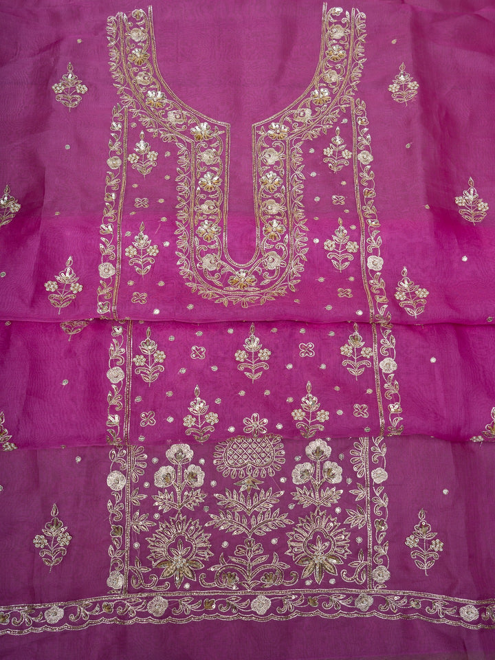 Organza Suit Piece With Zardosi Work in Rani