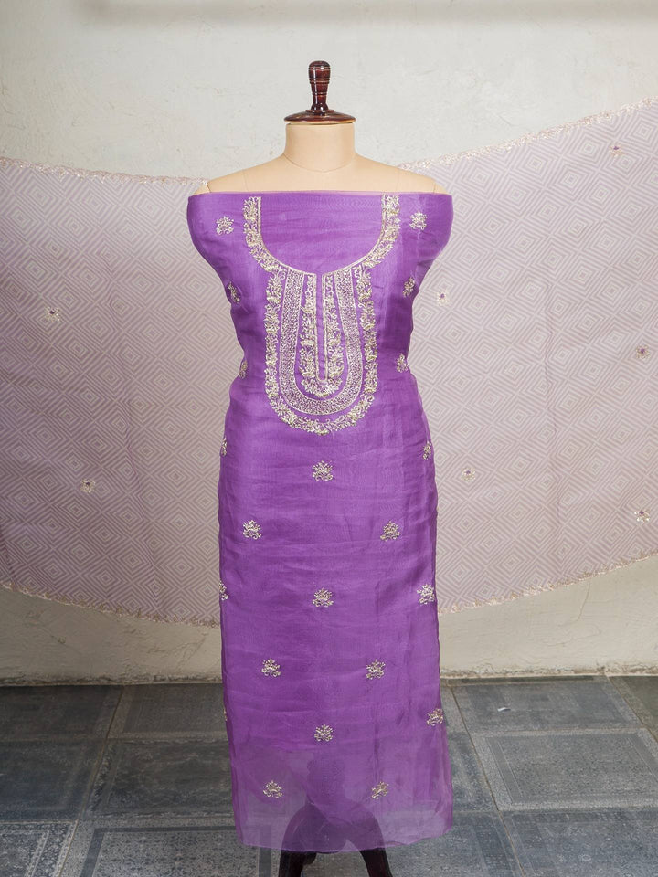 Pure Printed Organza with a Leheriya Dupatta in Deep Lavender Color