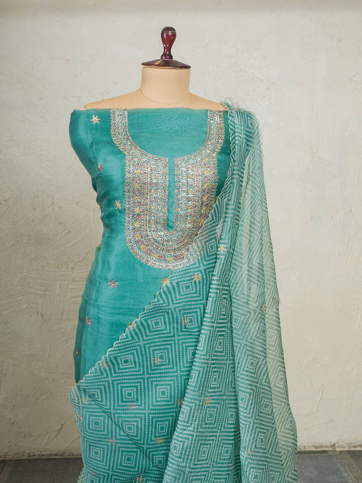 Printed Organza Suit Piece With Zardosi Handwork in Aqua Green