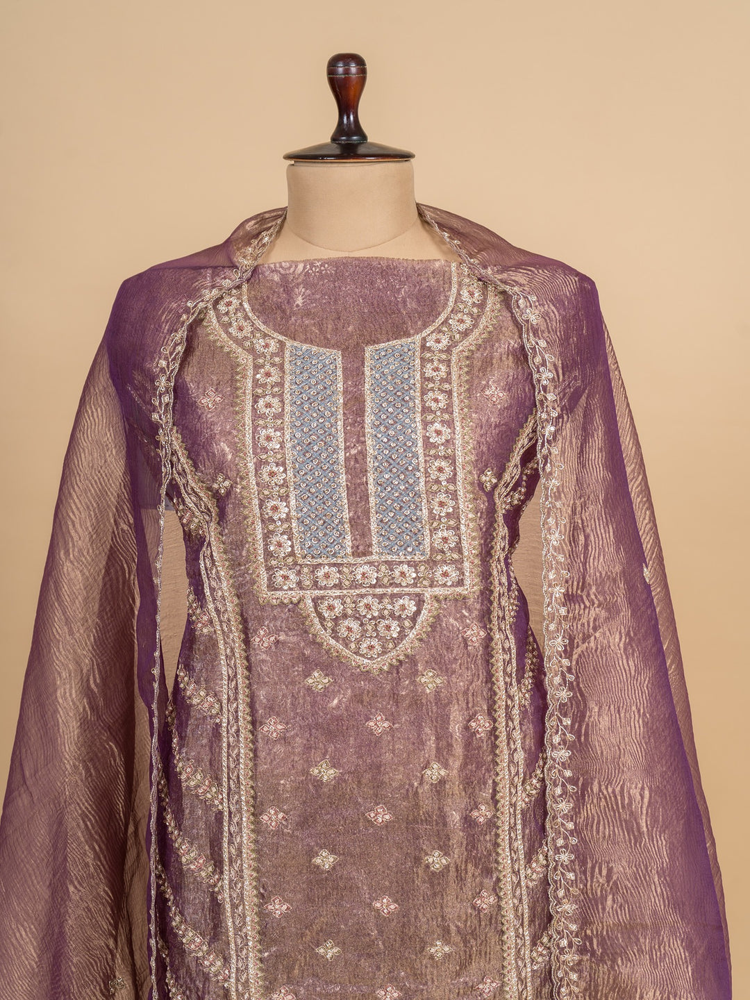 Fancy Tissue Suit Piece With Zardosi Work in Shaded Purple