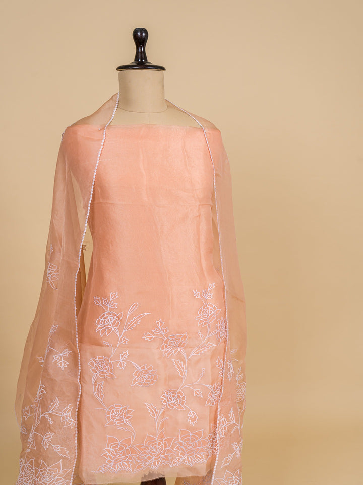 Organza Suit Piece With Machine Embroidery in Peach