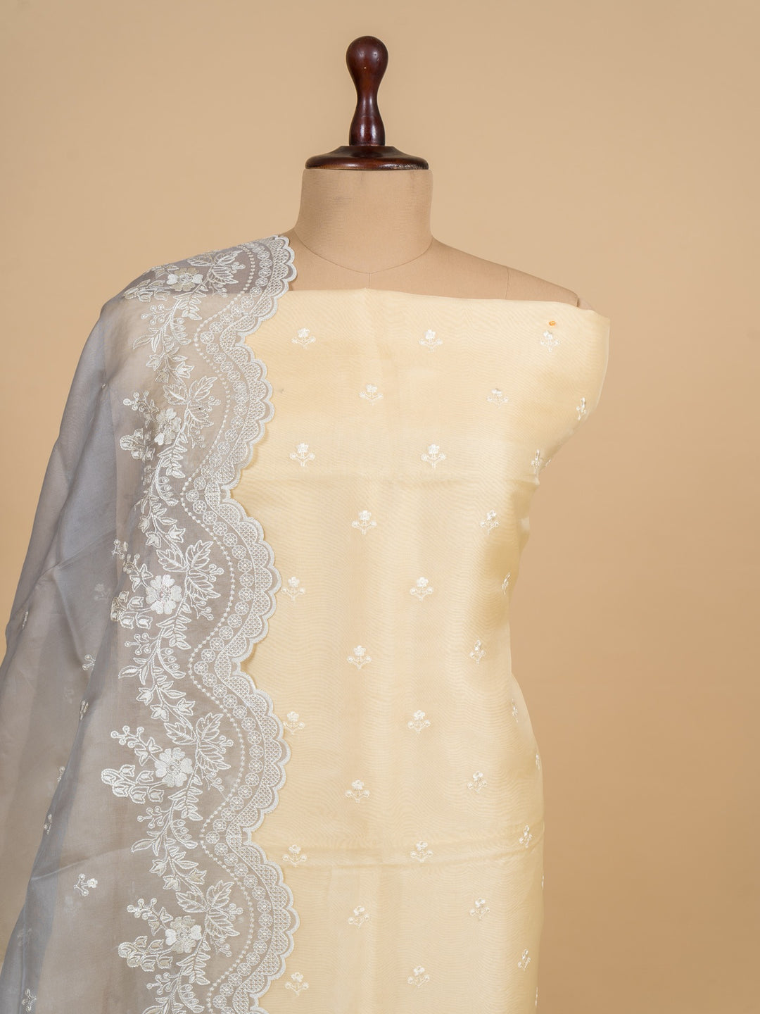 Organza Suit Piece with machine emberiory in Off-White with Shaded Dupatta