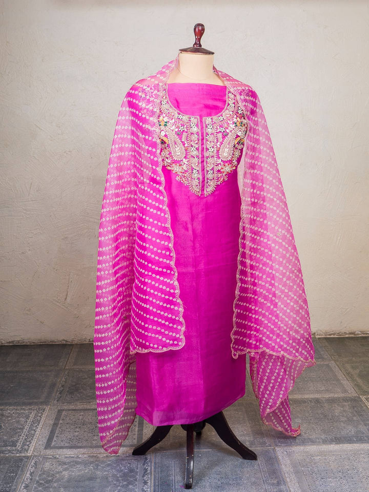 Printed Organza Suit Piece With Zardosi Handwork in Deep Pink