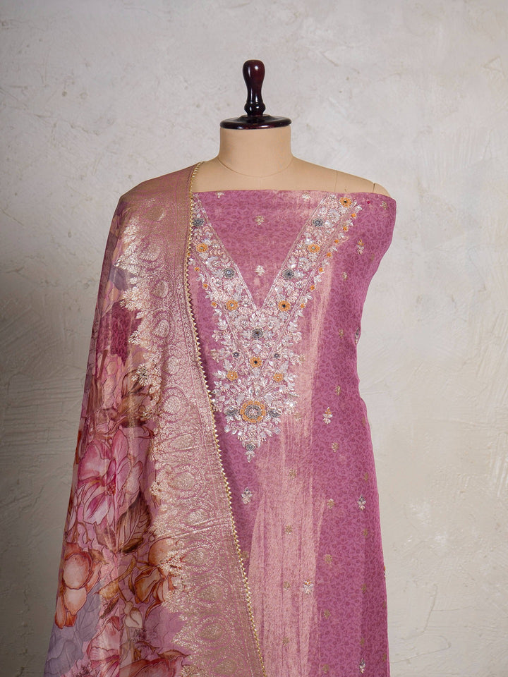 Printed Tissue Suit Piece with Zardozi work in Shaded Pink