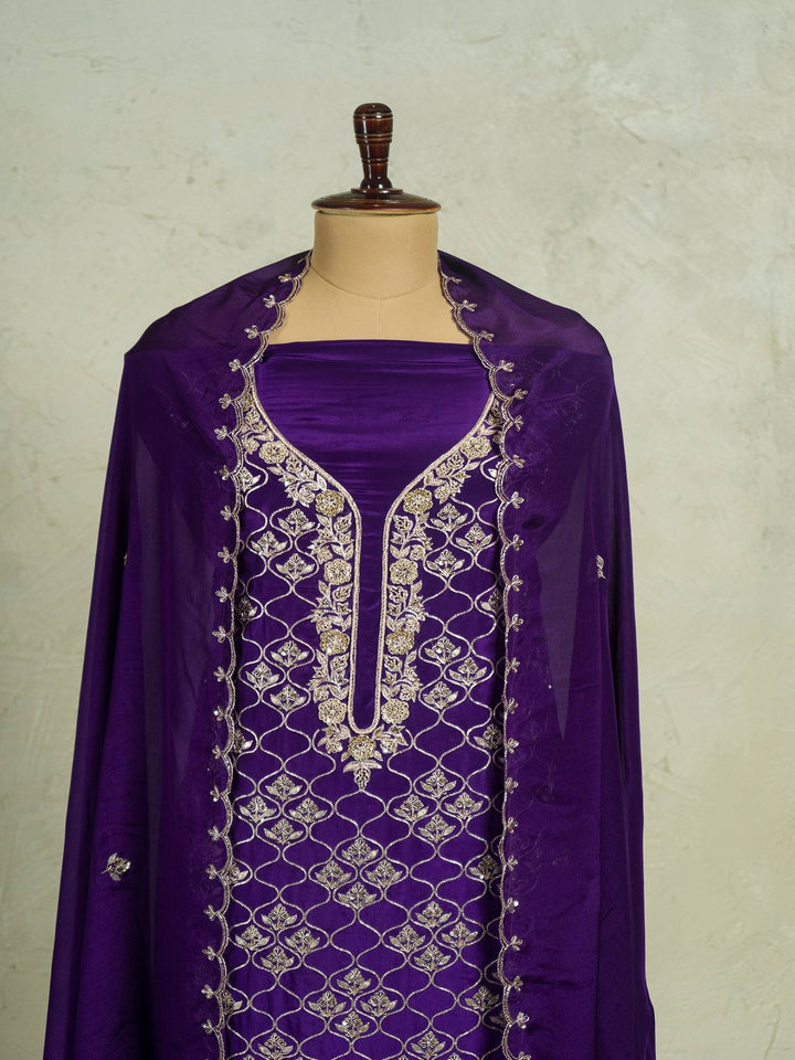 Crepe Suit Piece With Zardosi Work in Deep Purple