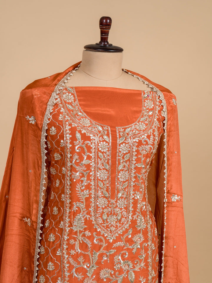 Crepe Suit Piece With Zardosi Work in Dark Orange