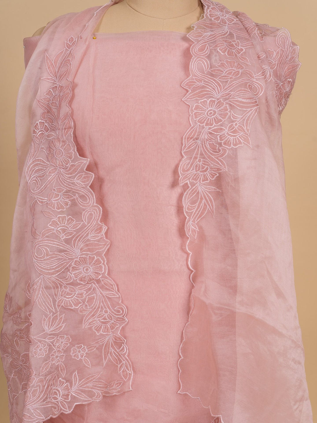 Organza Suit Piece With Aplic work in Pastel Pink