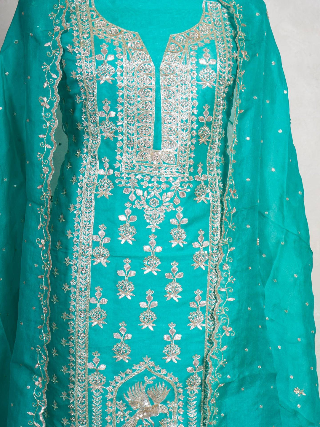 Organza Suit Piece With Zardosi Work in Lime Green