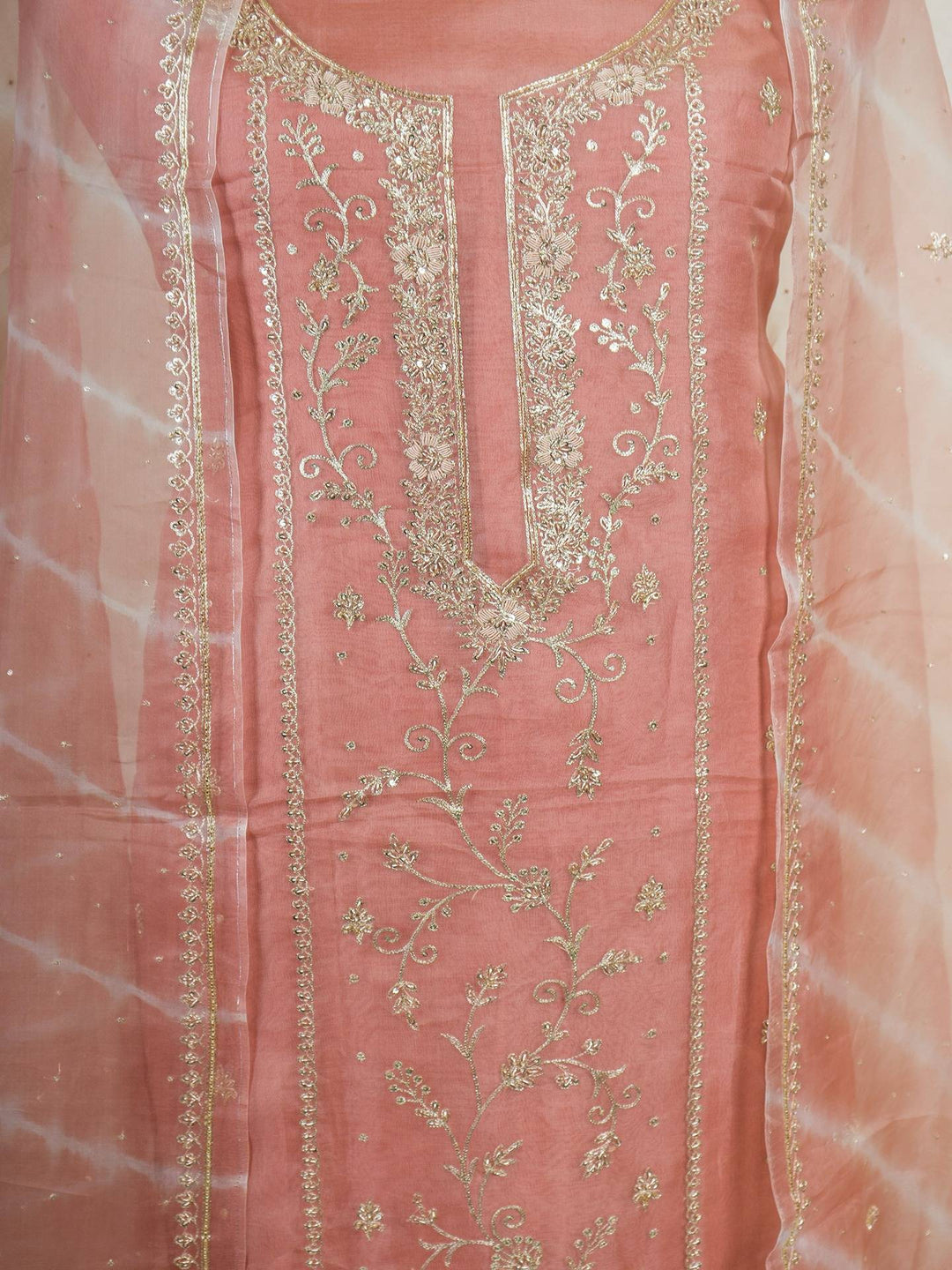 Printed Organza Suit Piece With Zardosi Handwork in Light Brown