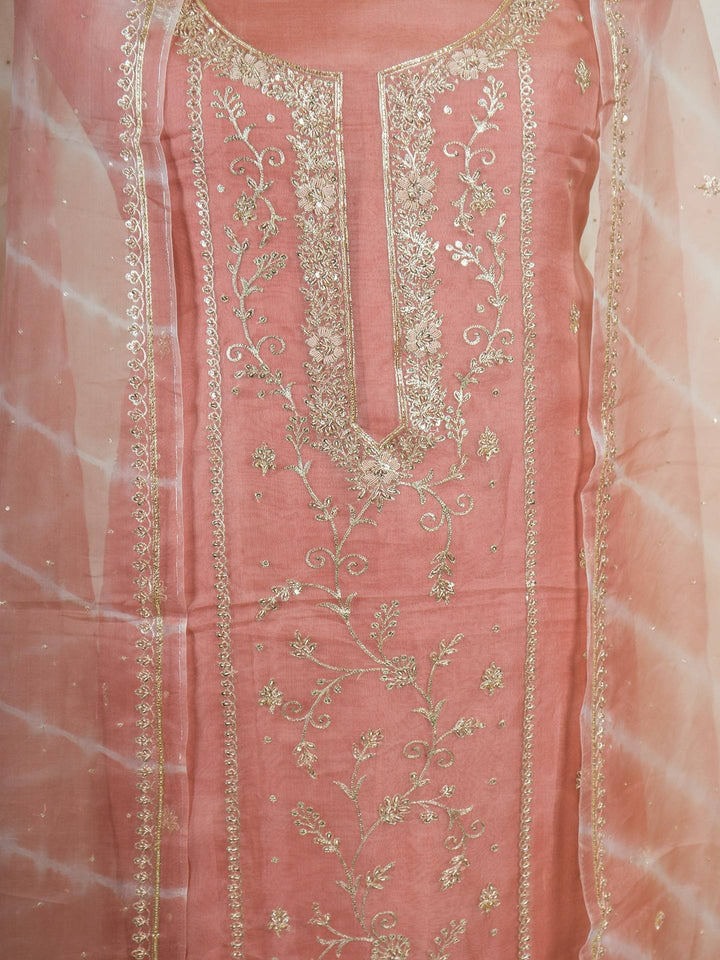 Printed Organza Suit Piece With Zardosi Handwork in Light Brown
