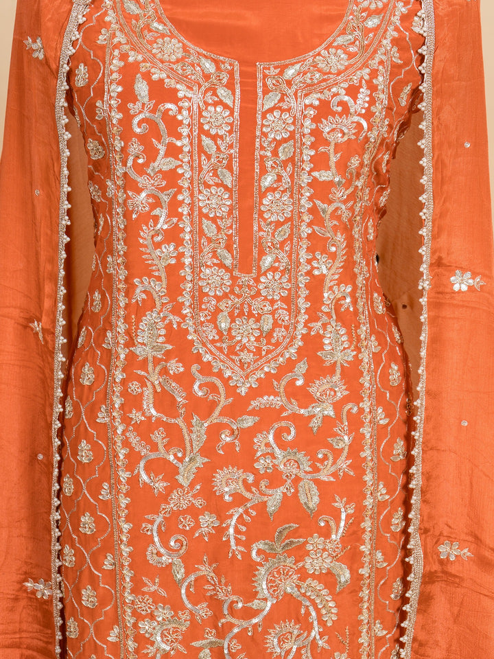 Crepe Suit Piece With Zardosi Work in Dark Orange