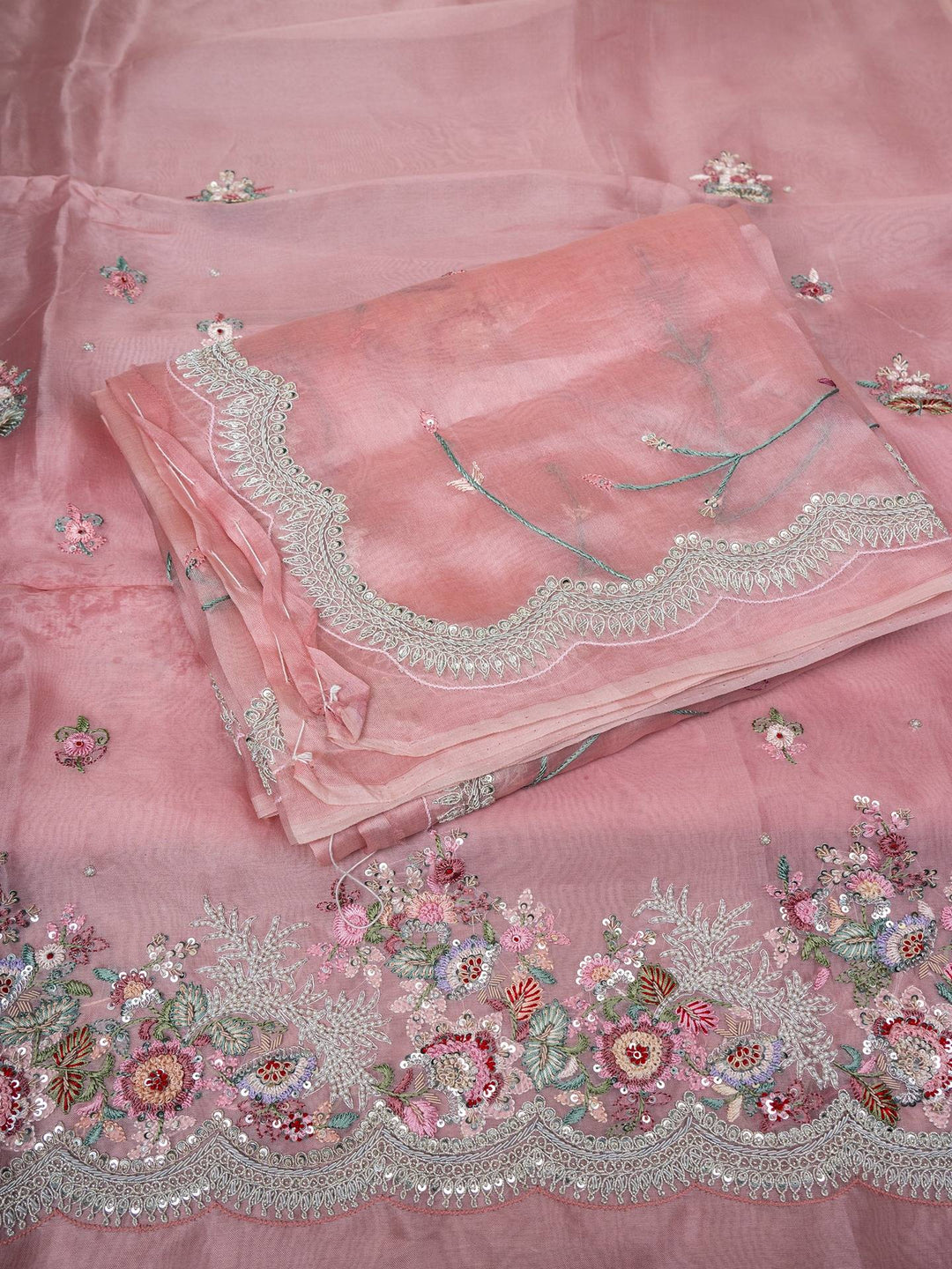 Organza Suit Piece With Zardosi Work in Baby Pink