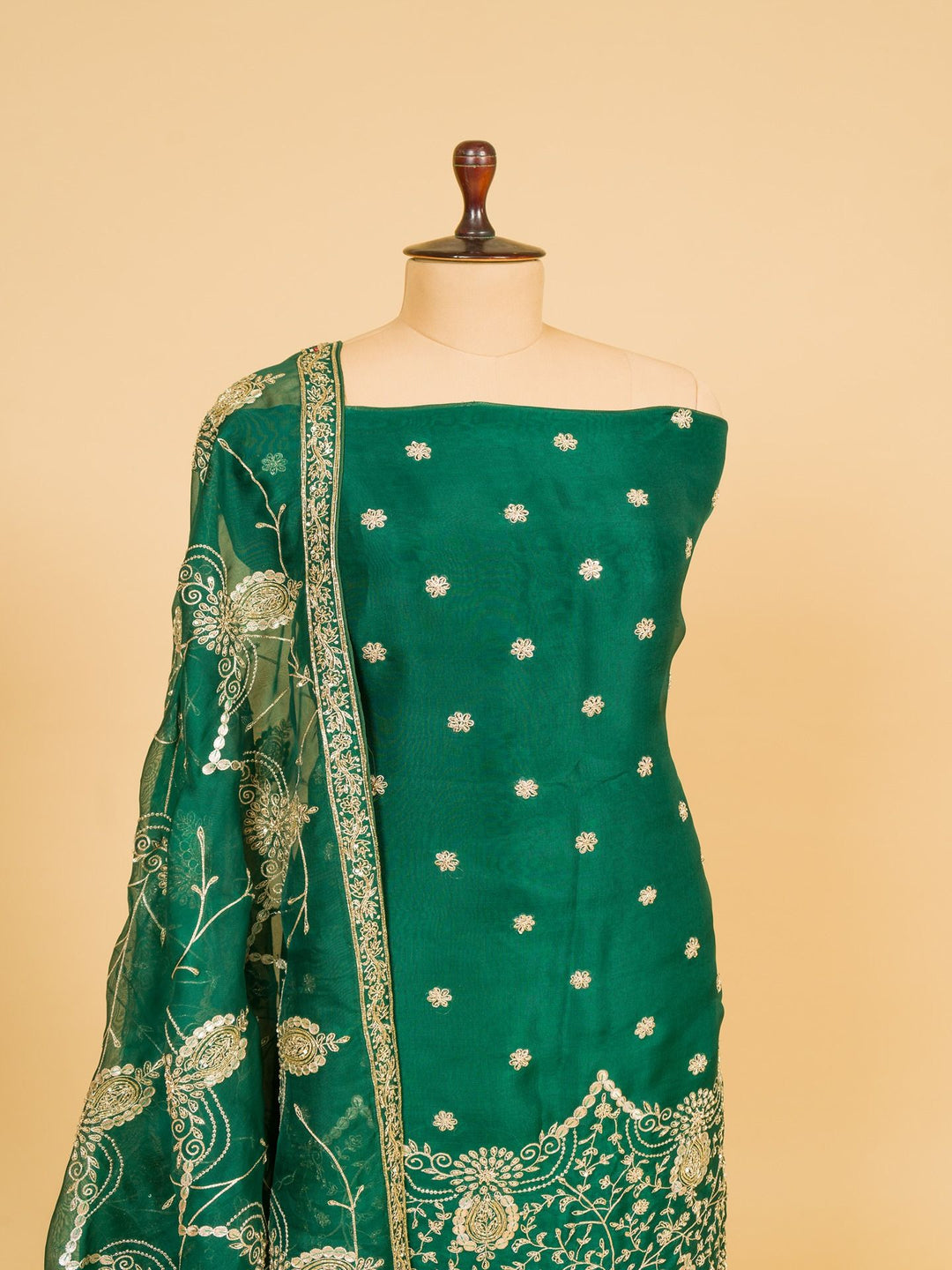 Organza Suit Piece With Zardosi Work in Bottle Green