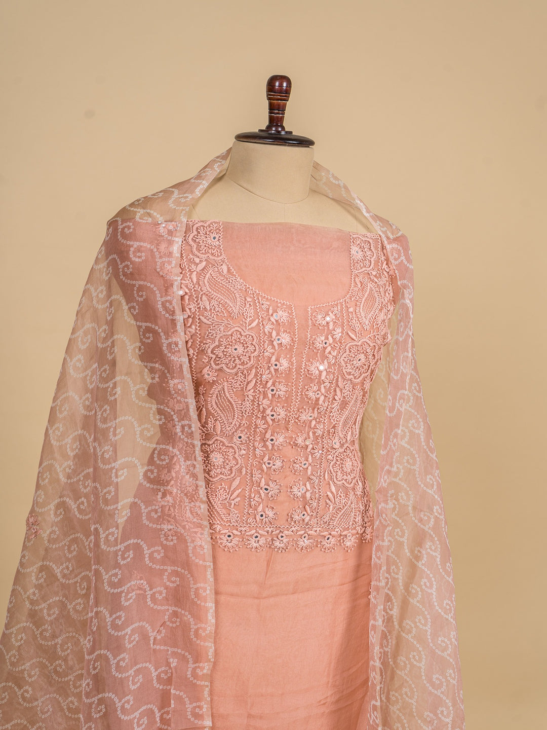 Organza Suit Piece With  Karachi embroidery in Peach