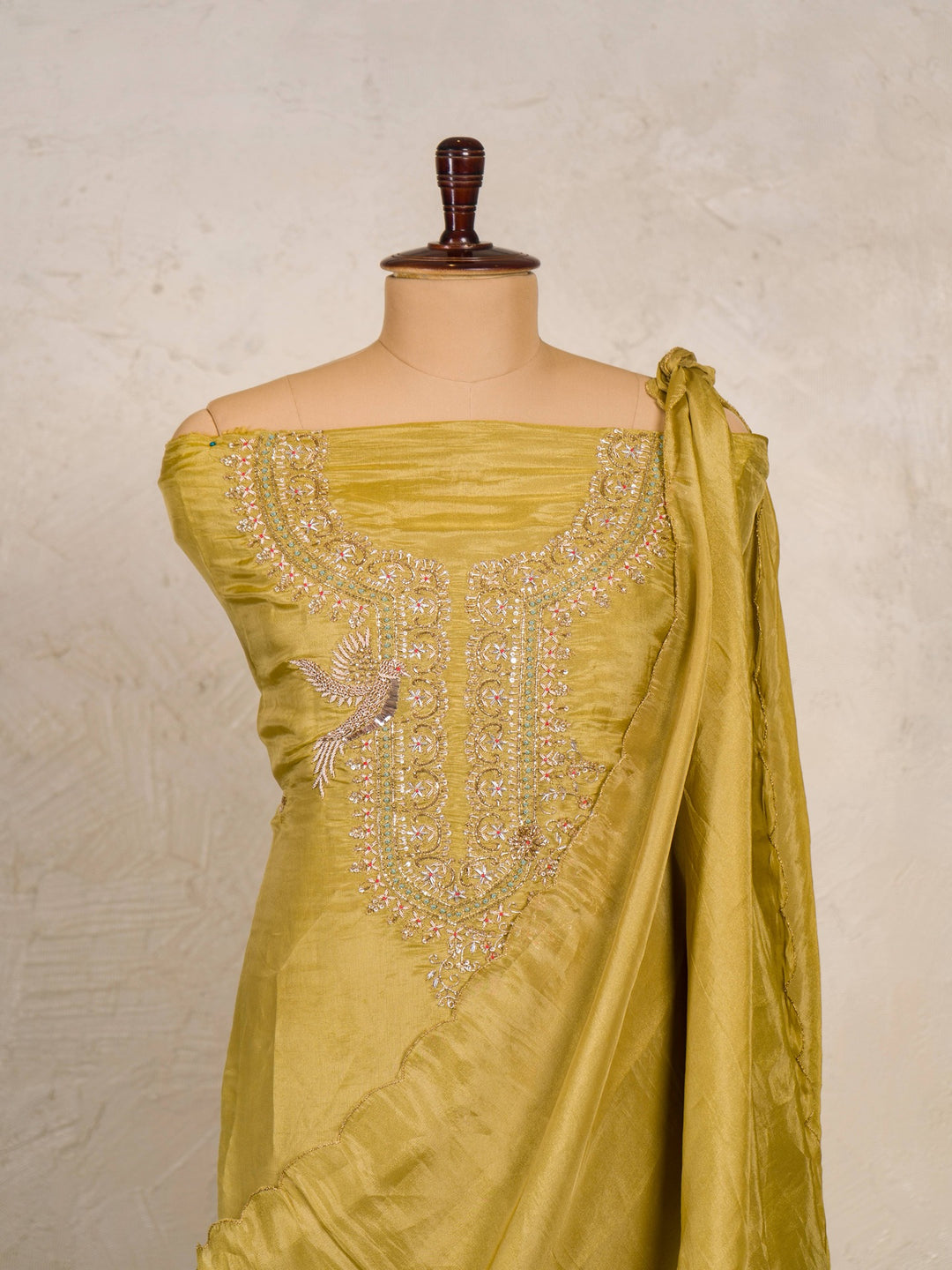 Silk Tissue Suit Piece with Zardozi work in Mustard